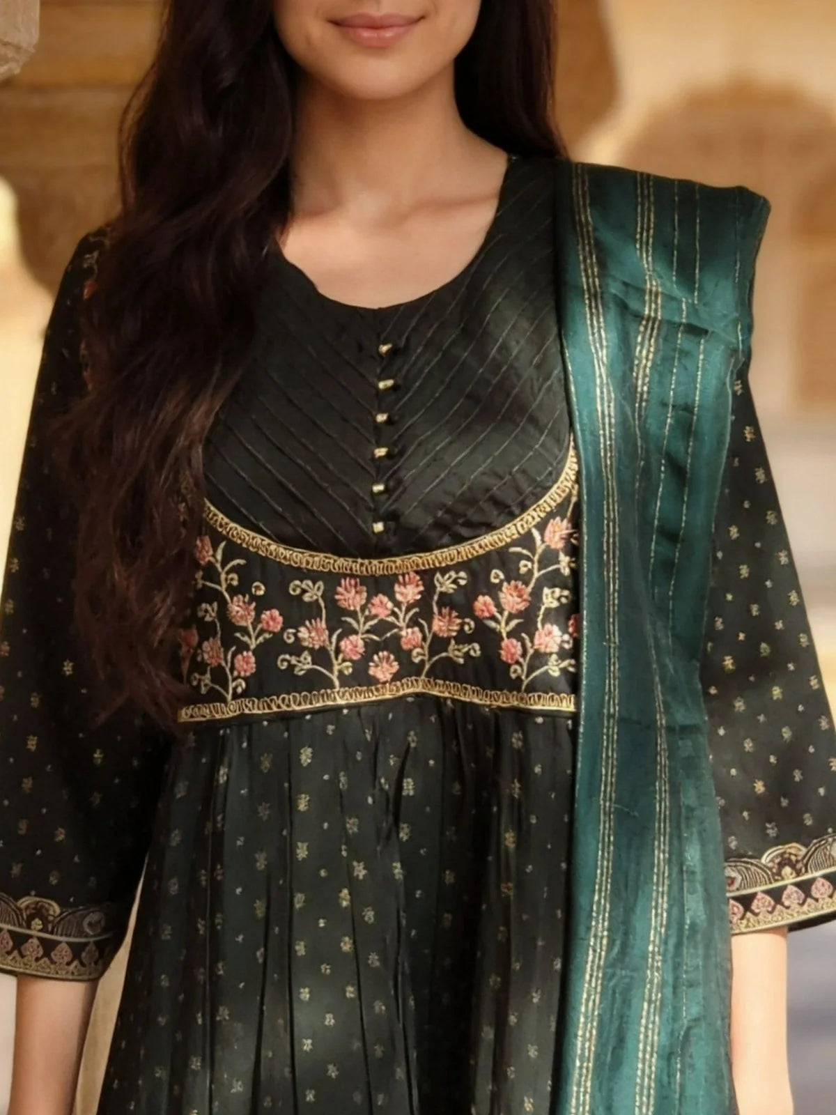 Buy Bottle Green Poly Viscose Embroidered Anarkali Calf Length Kurta With Pant and Dupatta-Bottle Green