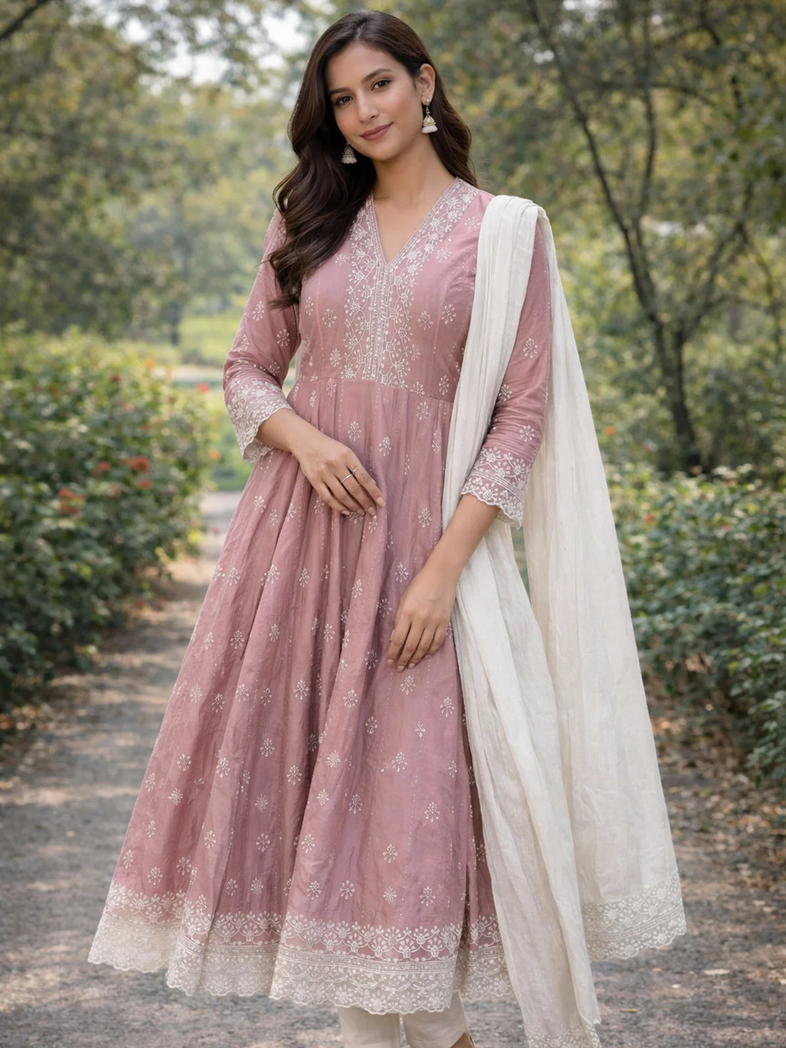 Buy Poly Viscose Embroidered  Anarkali Calf Length Kurta With Pant and Dupatta-Pink
