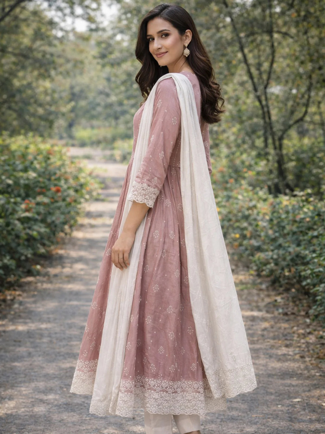Buy Poly Viscose Embroidered  Anarkali Calf Length Kurta With Pant and Dupatta-Pink