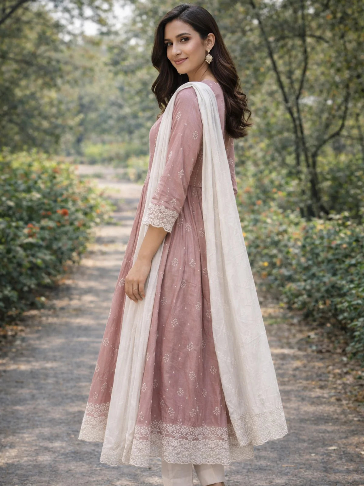 Buy Poly Viscose Embroidered  Anarkali Calf Length Kurta With Pant and Dupatta-Pink