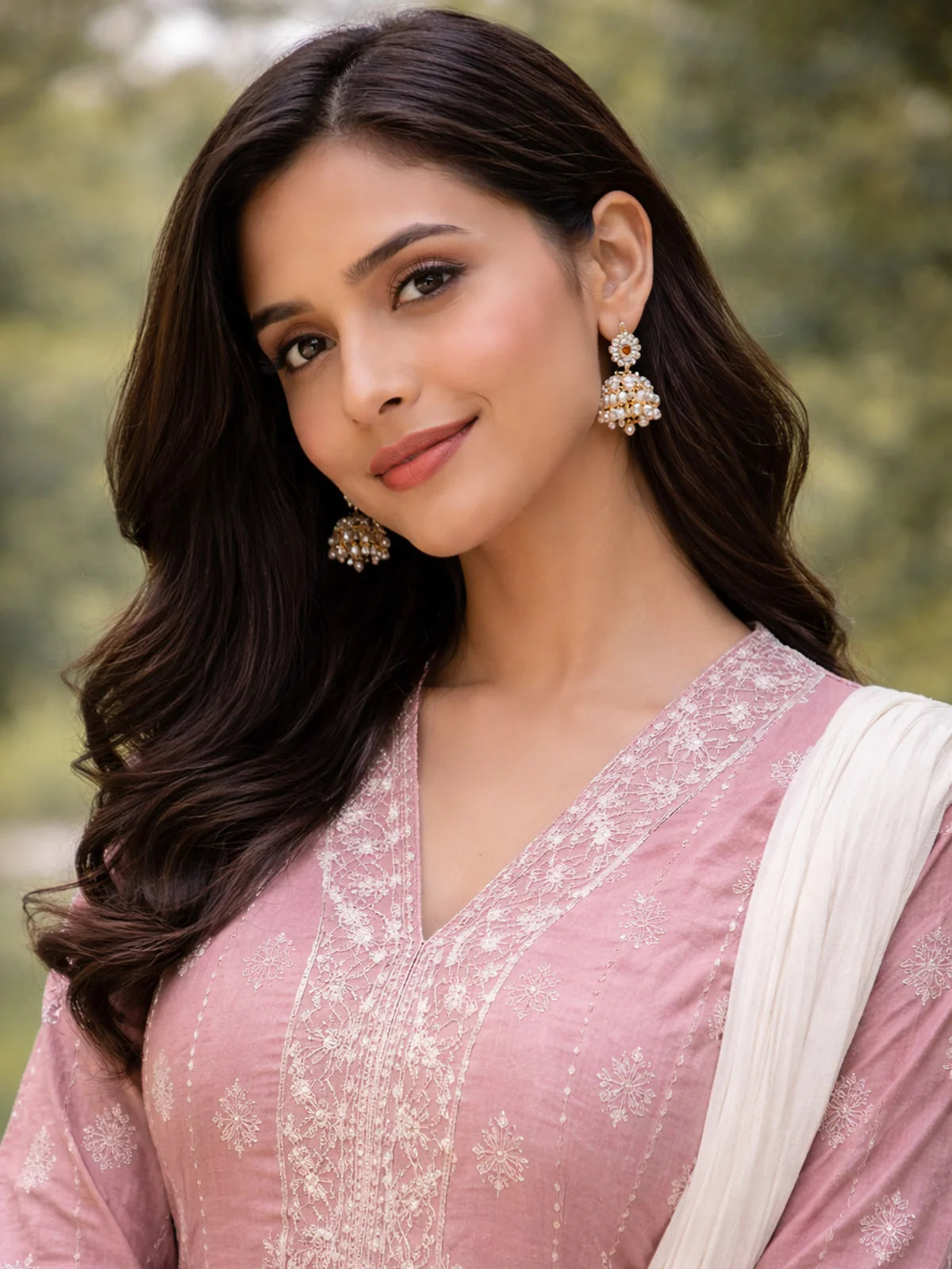 Buy Poly Viscose Embroidered  Anarkali Calf Length Kurta With Pant and Dupatta-Pink