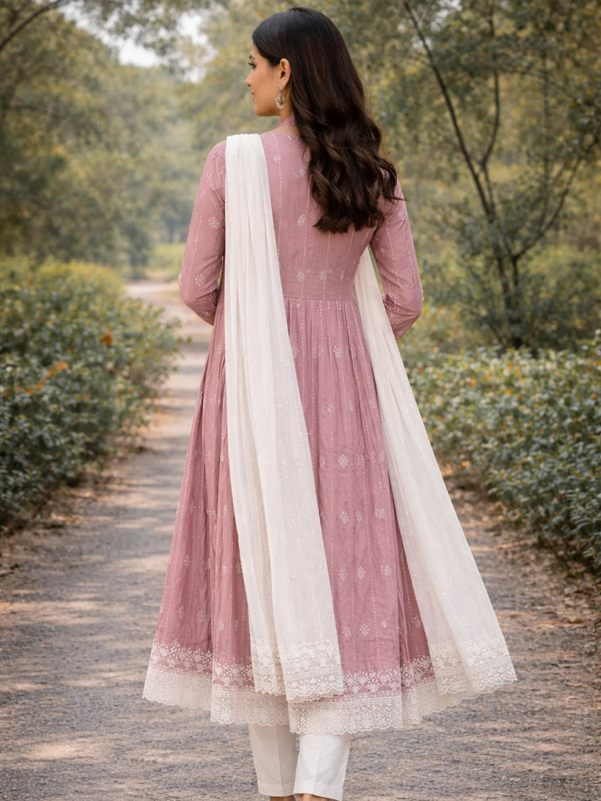 Buy Poly Viscose Embroidered  Anarkali Calf Length Kurta With Pant and Dupatta-Pink