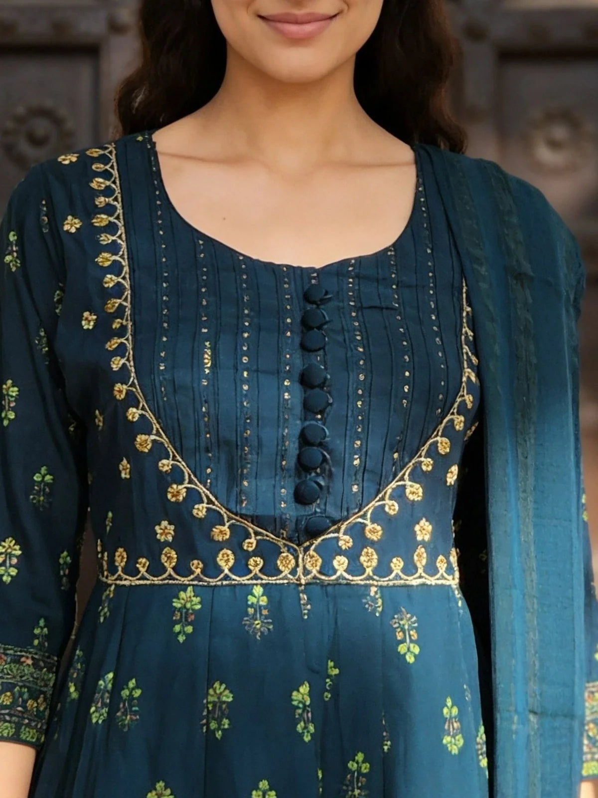 Buy Blue Poly Viscose Embroidered Anarkali Calf Length Kurta With Pant and Dupatta-Blue