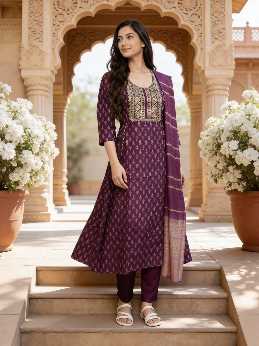 Buy Labisa Embroidered Anarkali Calf Length Kurta With Pant and Dupatta-Wine
