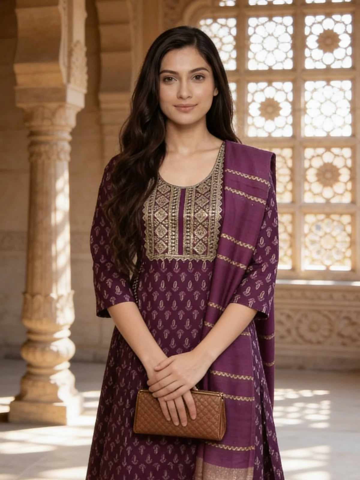 Buy Labisa Embroidered  Anarkali Calf Length Kurta With Pant and Dupatta-Wine