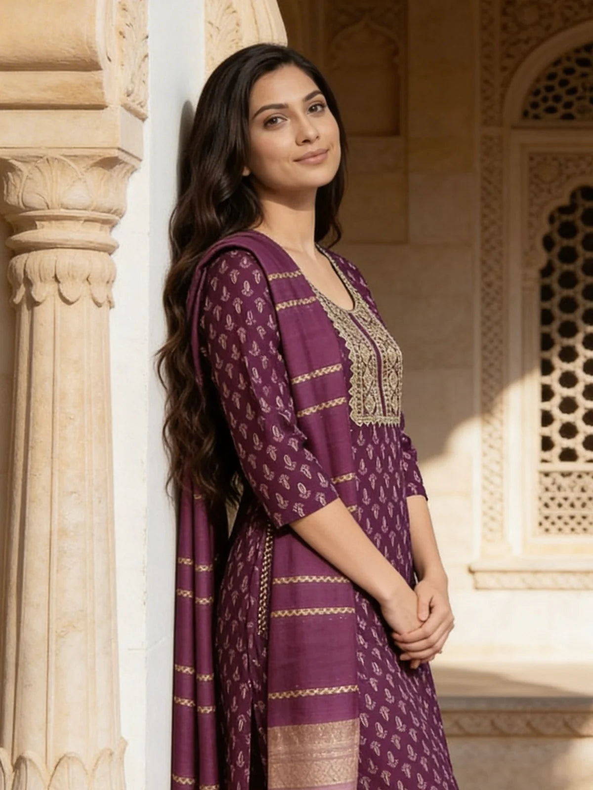 Buy Labisa Embroidered  Anarkali Calf Length Kurta With Pant and Dupatta-Wine