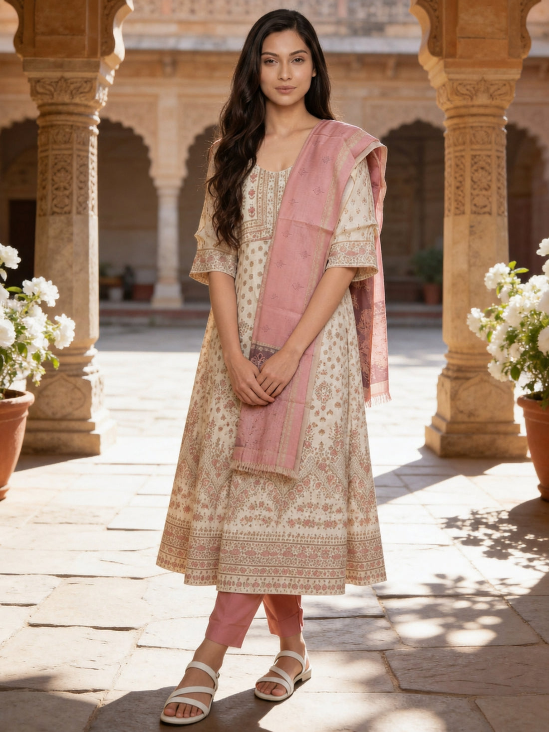Buy Poly Viscose Printed Flared Calf Length Kurta With Pant and Dupatta-Off White