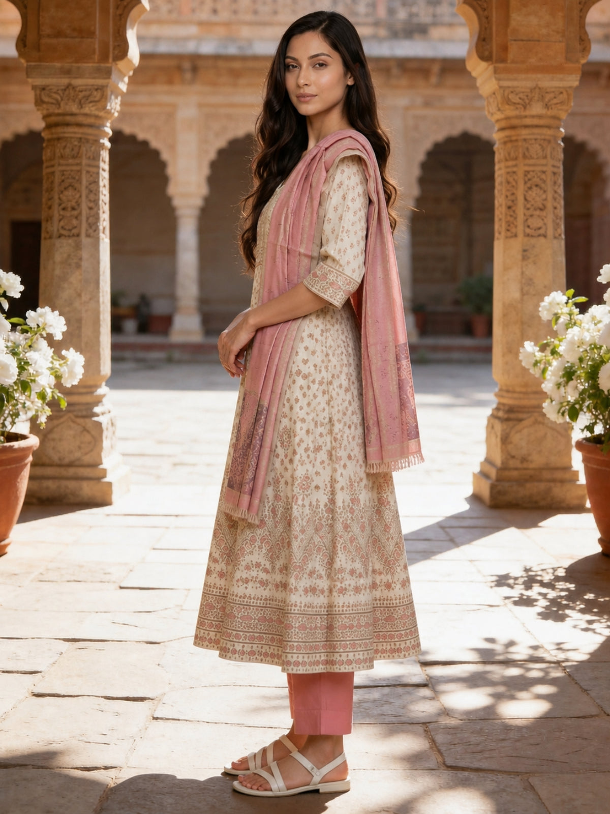 Buy Poly Viscose Printed Flared Calf Length Kurta With Pant and Dupatta-Off White