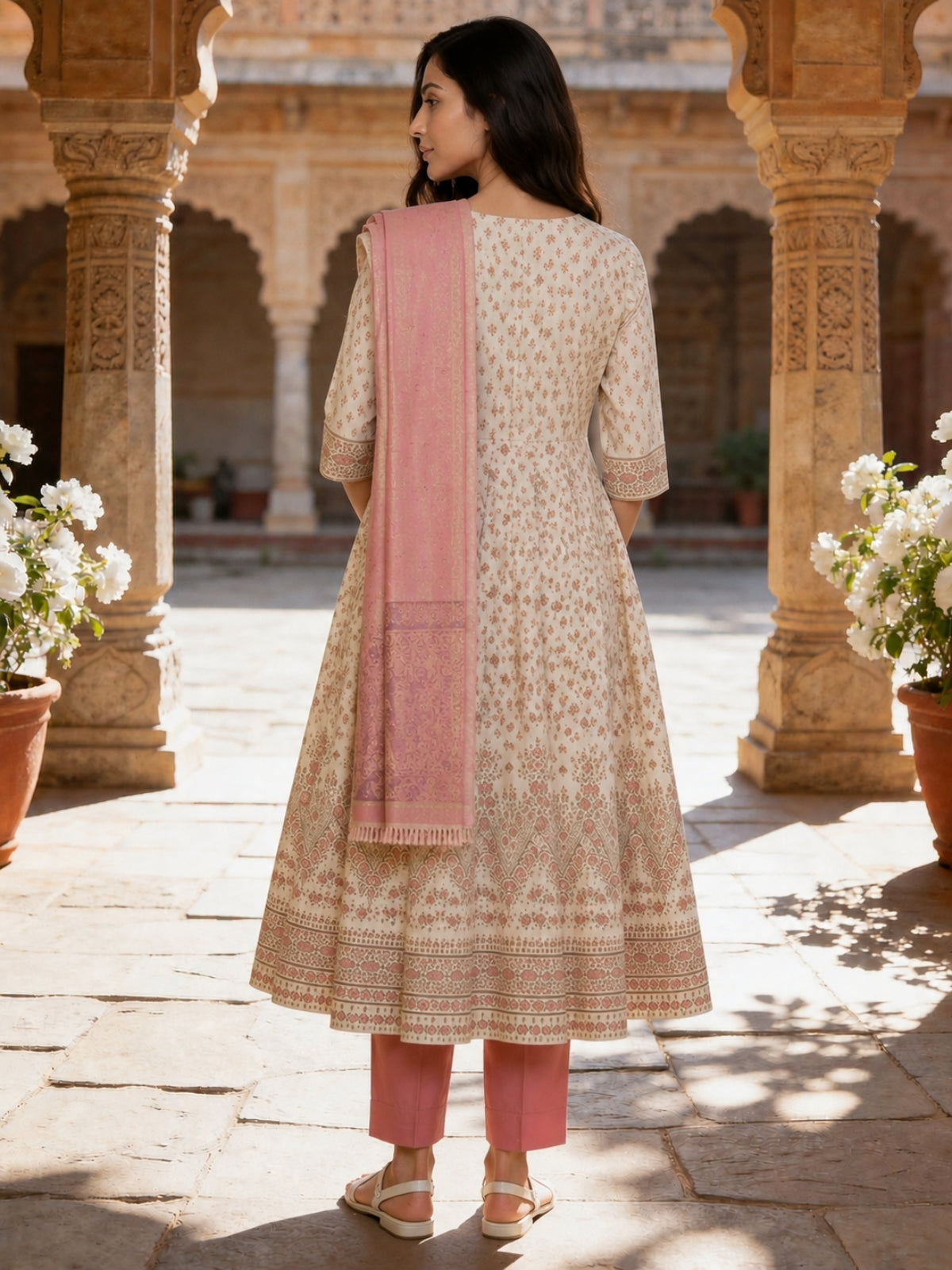 Poly Viscose Printed Flared Calf Length Kurta With Pant and Dupatta