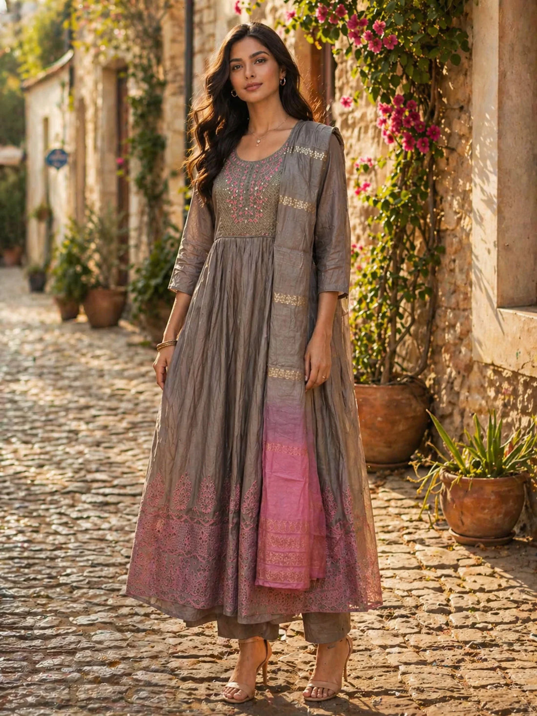 Buy Viscose Embroidered Anarkali Calf Length Kurta With Pant and Dupatta-Grey