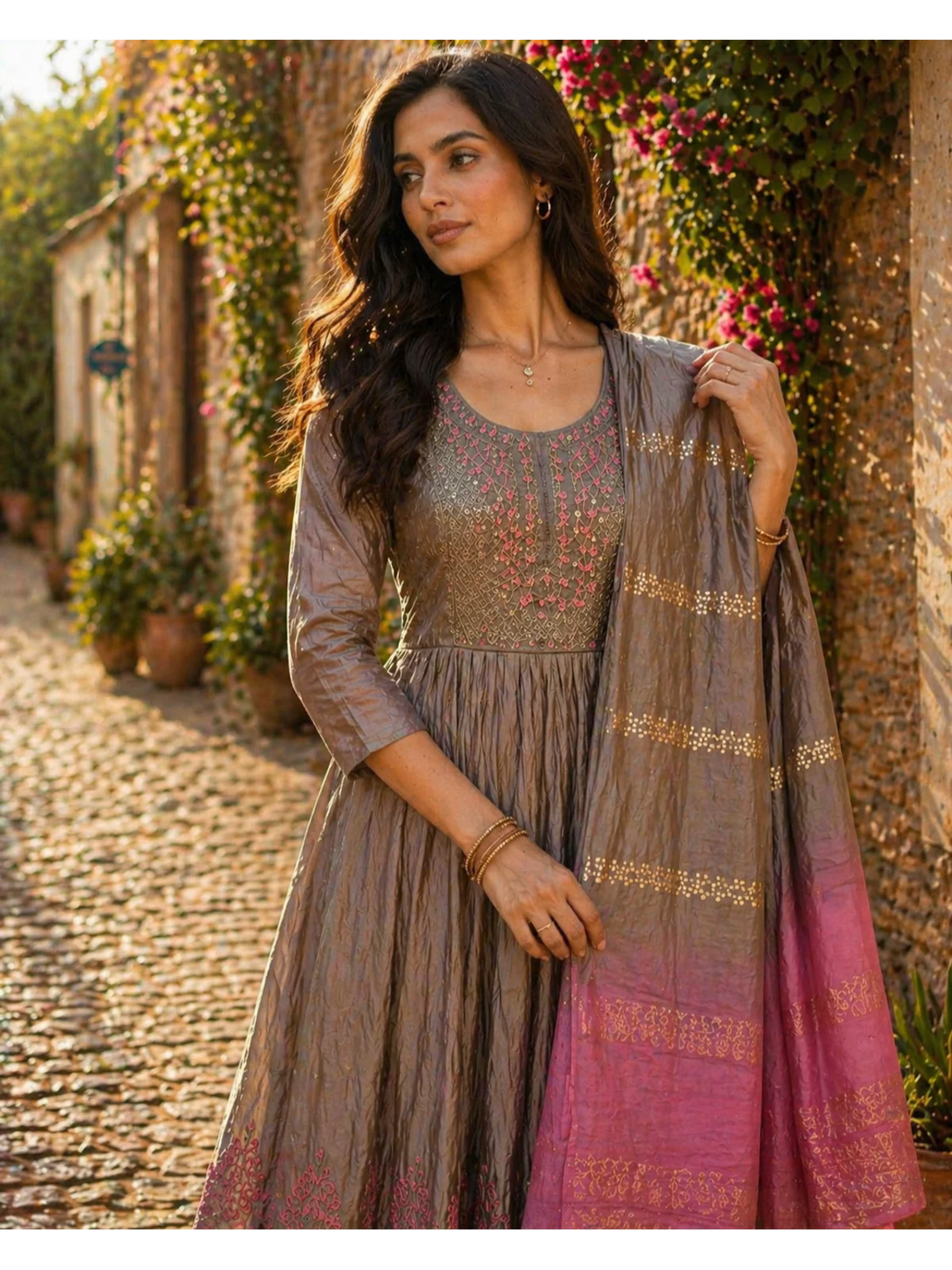 Buy Viscose Embroidered Anarkali Calf Length Kurta With Pant and Dupatta-Grey