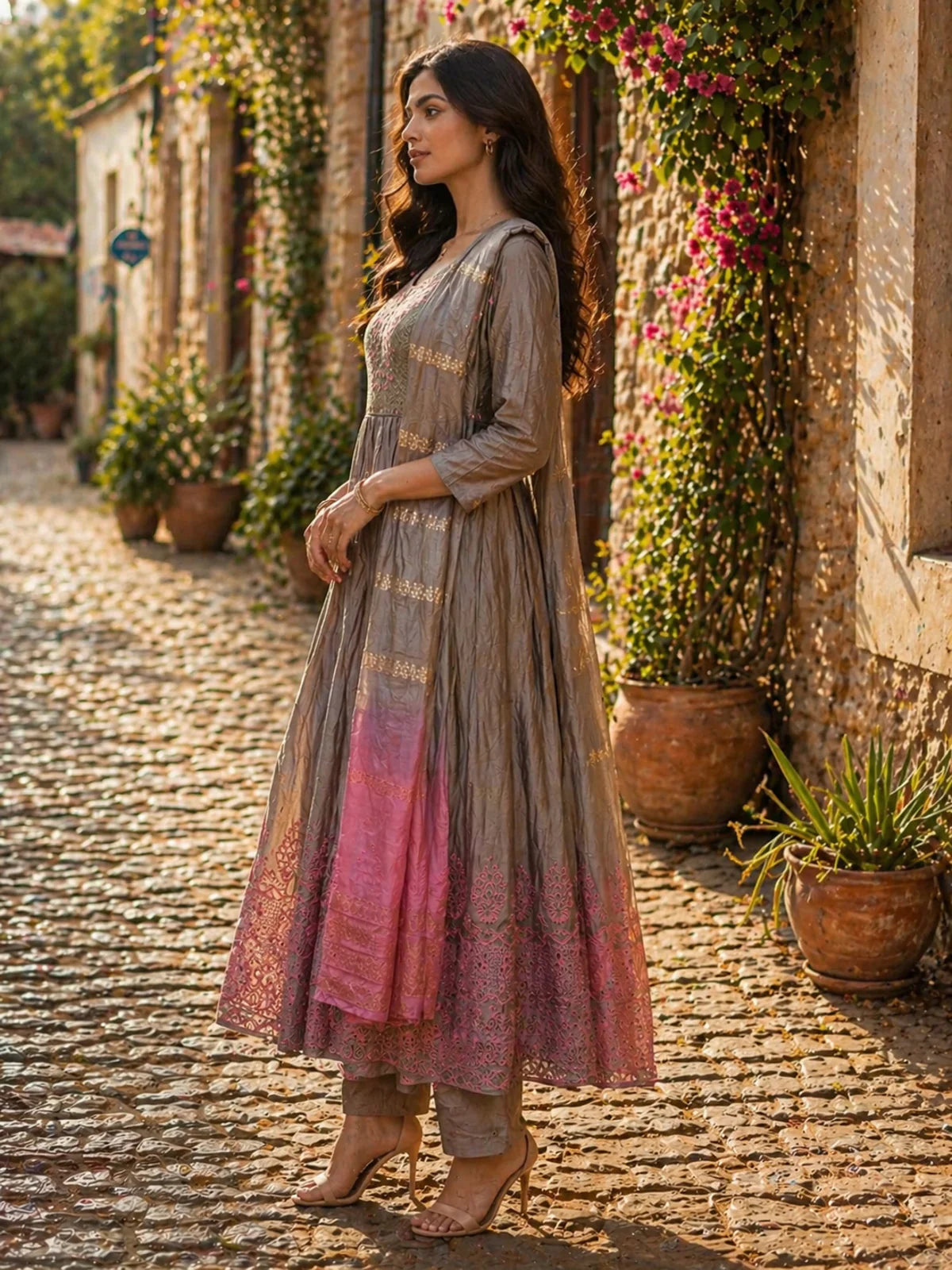 Buy Viscose Embroidered Anarkali Calf Length Kurta With Pant and Dupatta-Grey