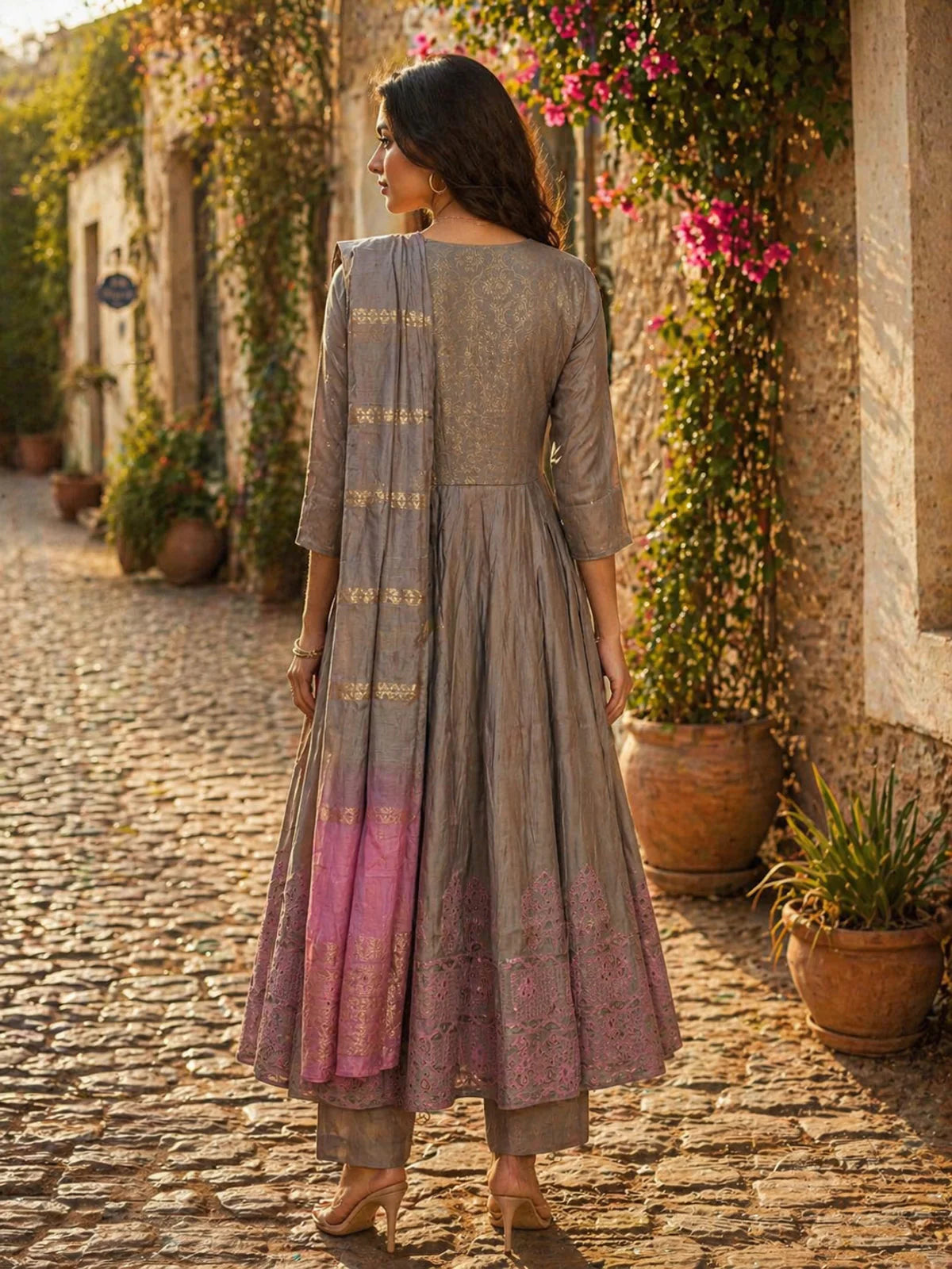 Buy Viscose Embroidered Anarkali Calf Length Kurta With Pant and Dupatta-Grey