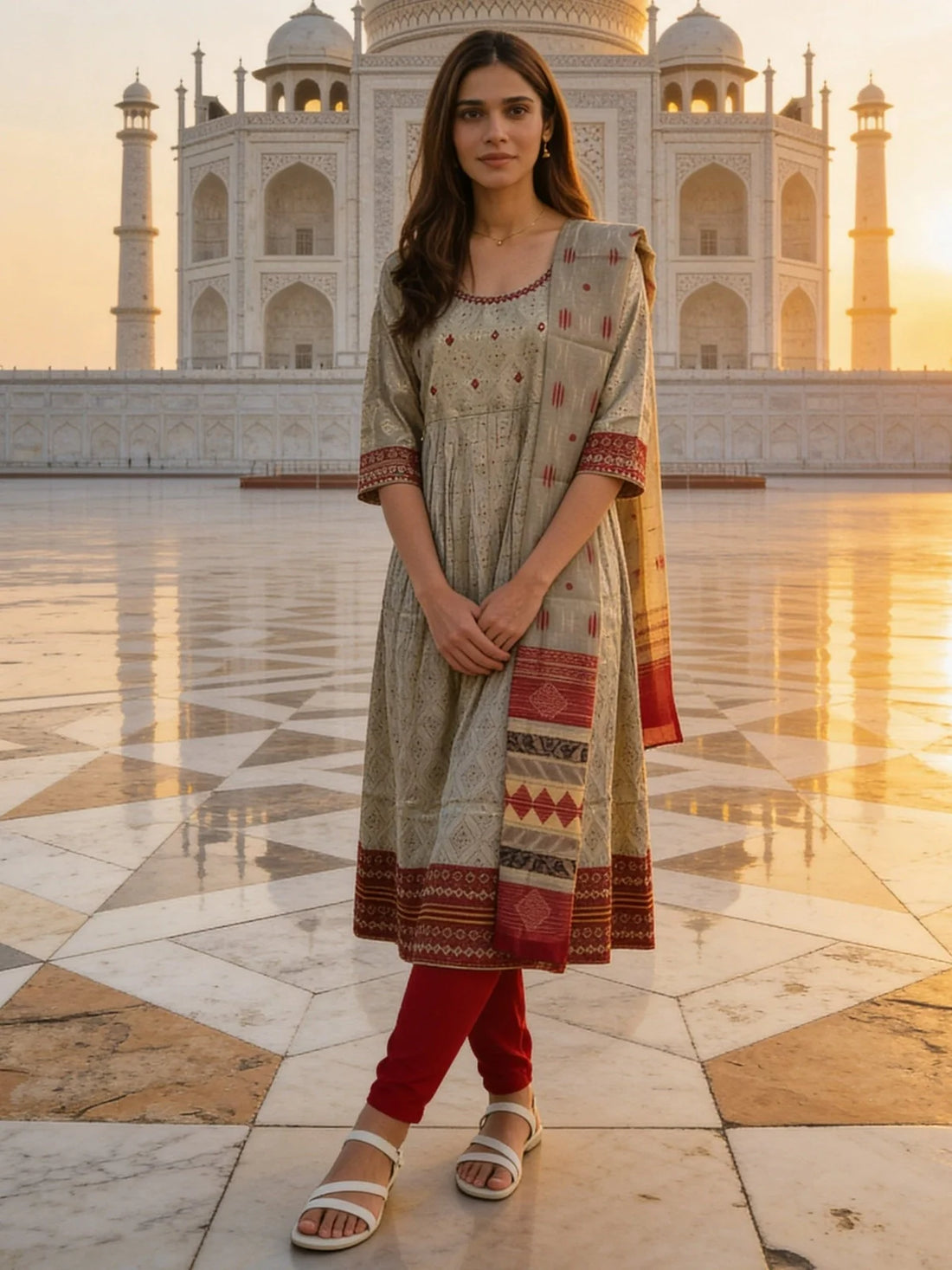 Buy Grey Poly Viscose Embroidered Anarkali Calf Length Kurta With Pant and Dupatta-Grey
