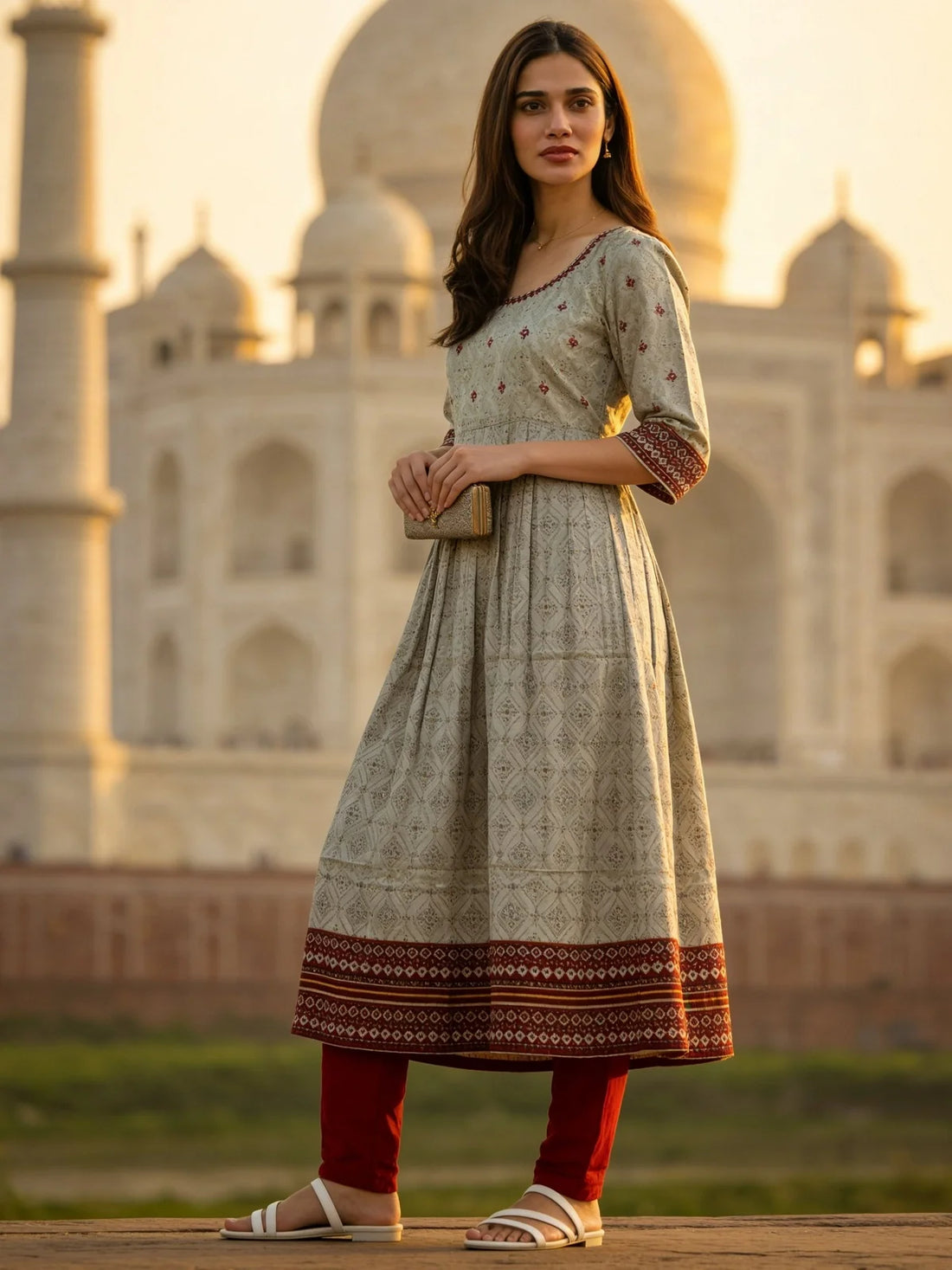 Buy Grey Poly Viscose Embroidered Anarkali Calf Length Kurta With Pant and Dupatta-Grey