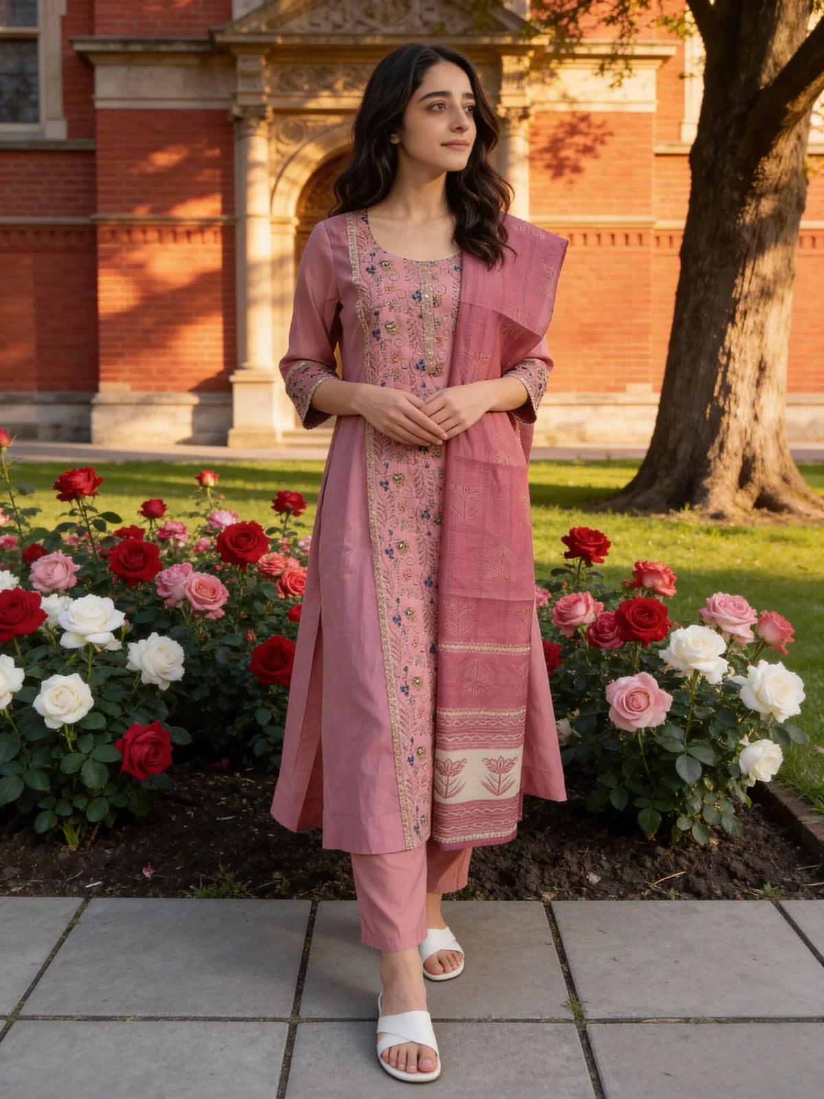 Buy Chanderi Embroidered A-Line Calf Length Kurta and Pant with Dupatta-Pink