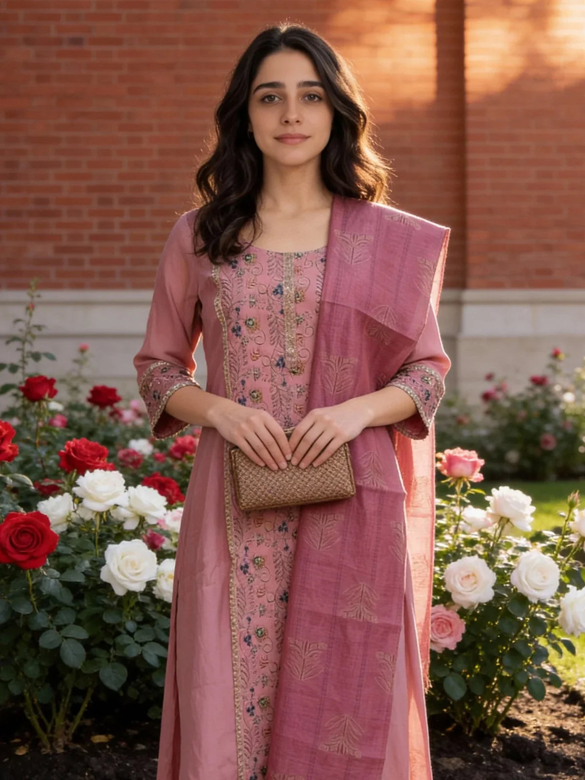 Buy Chanderi Embroidered A-Line Calf Length Kurta and Pant with Dupatta-Pink
