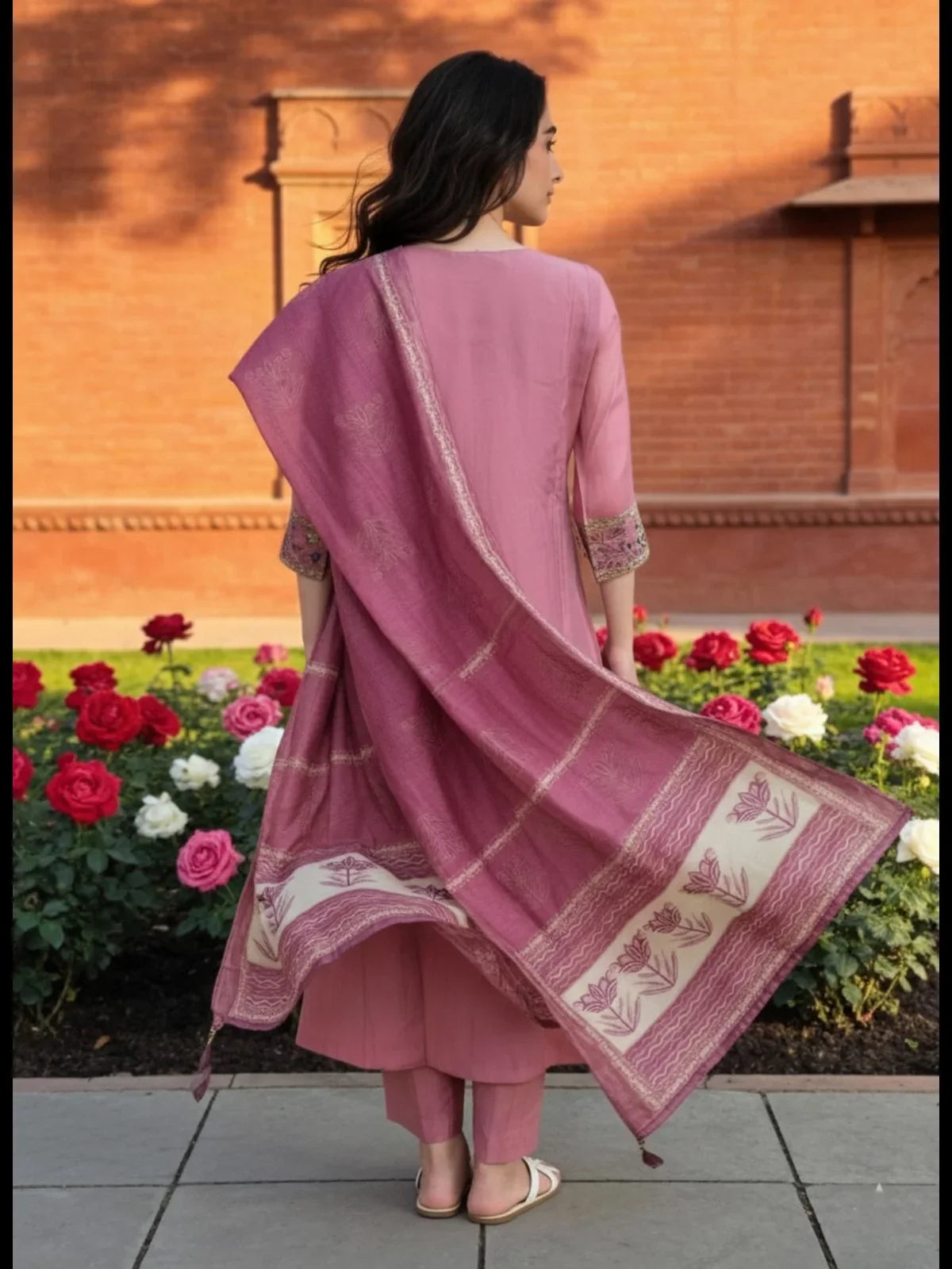 Buy Chanderi Embroidered A-Line Calf Length Kurta and Pant with Dupatta-Pink