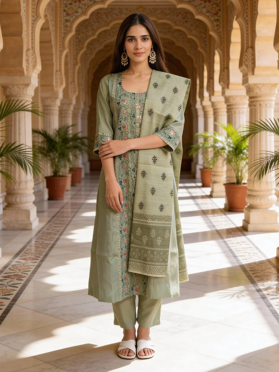 Buy Chanderi Embroidered A-Line Calf Length Kurta and Pant with Dupatta-Pista Green