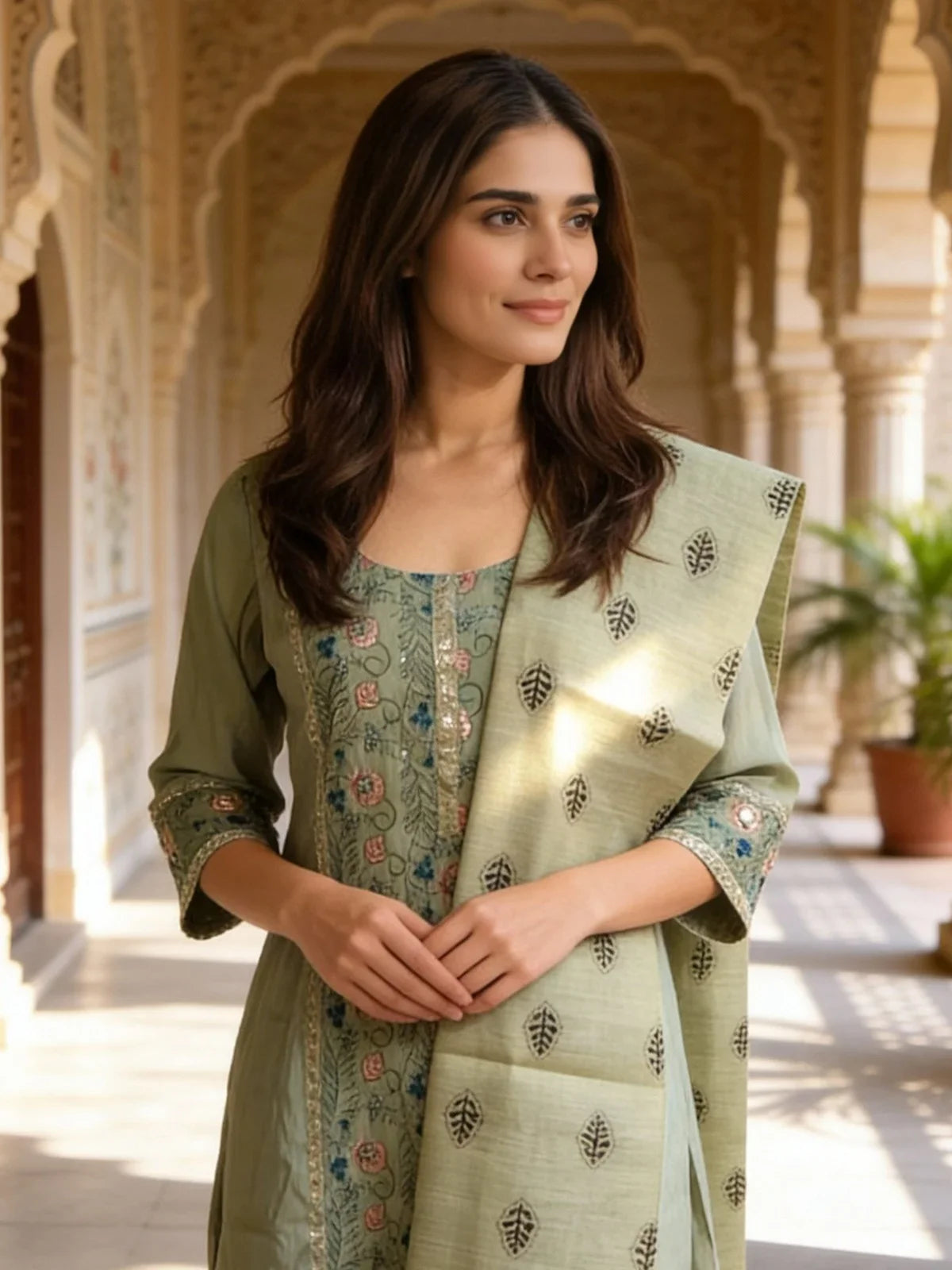 Buy Chanderi Embroidered A-Line Calf Length Kurta and Pant with Dupatta-Pista Green