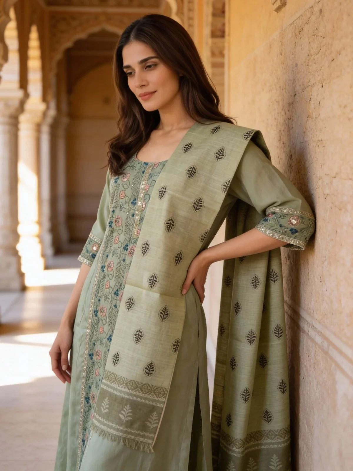 Buy Chanderi Embroidered A-Line Calf Length Kurta and Pant with Dupatta-Pista Green