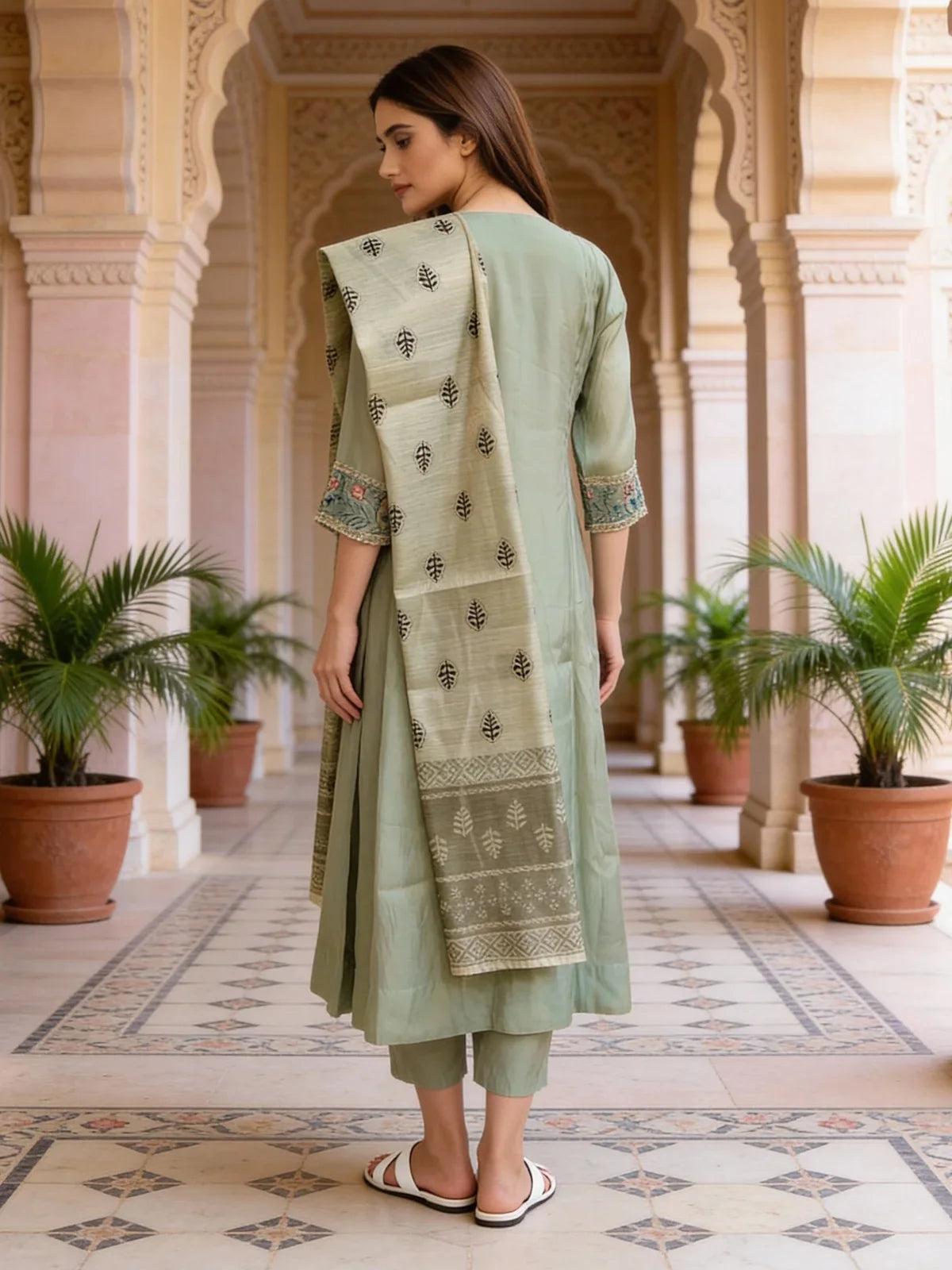 Buy Chanderi Embroidered A-Line Calf Length Kurta and Pant with Dupatta-Pista Green