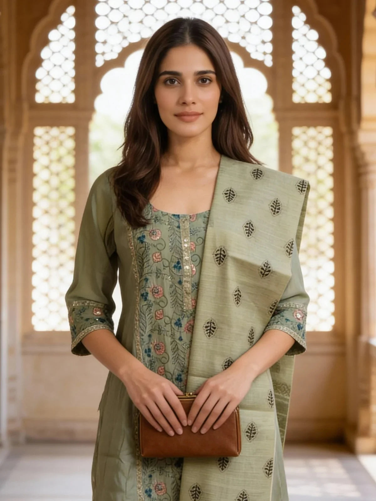 Buy Chanderi Embroidered A-Line Calf Length Kurta and Pant with Dupatta-Pista Green