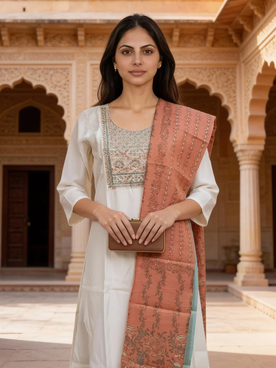 Buy Poly Viscose Embroidered Anarkali Calf Length Kurta and Pant with Dupatta-White