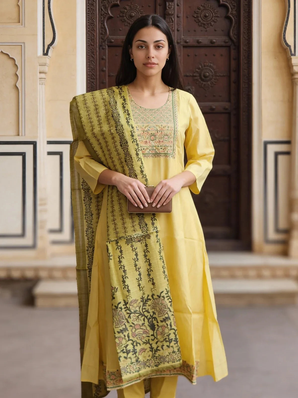 Buy Poly Viscose Embroidered Anarkali Calf Length Kurta and Pant with Dupatta-Yellow