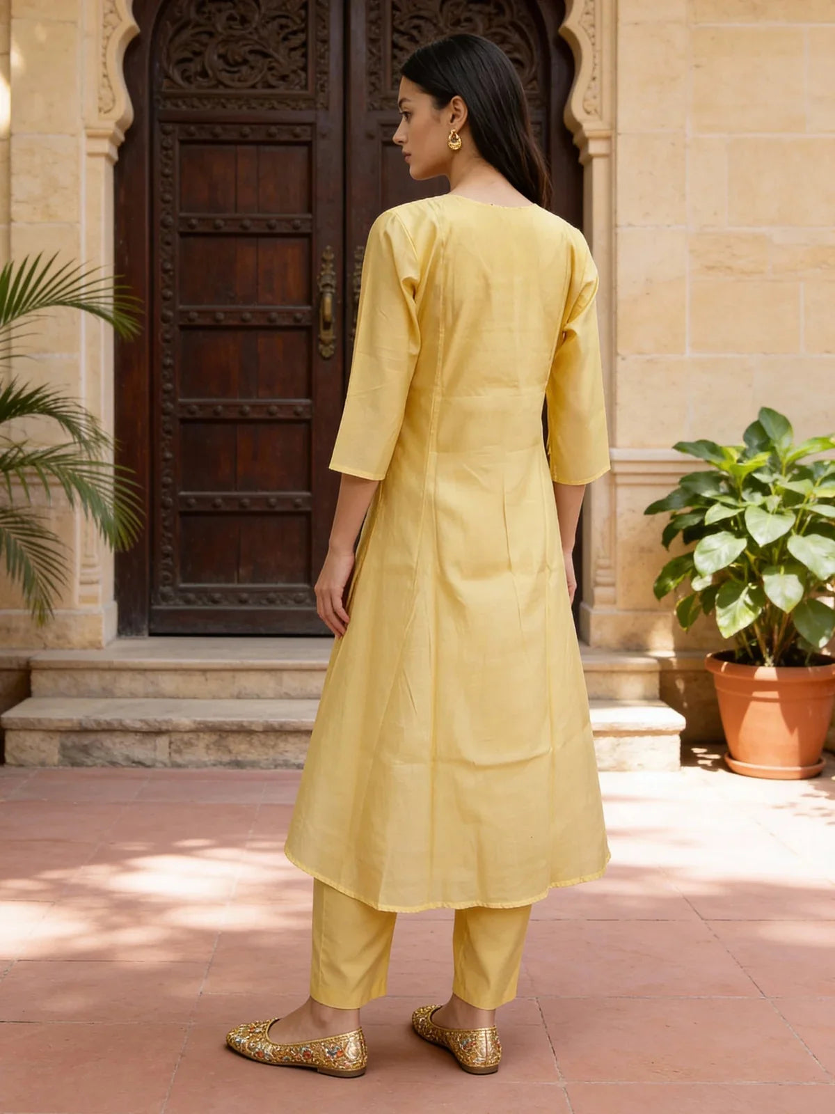 Buy Poly Viscose Embroidered Anarkali Calf Length Kurta and Pant with Dupatta-Yellow