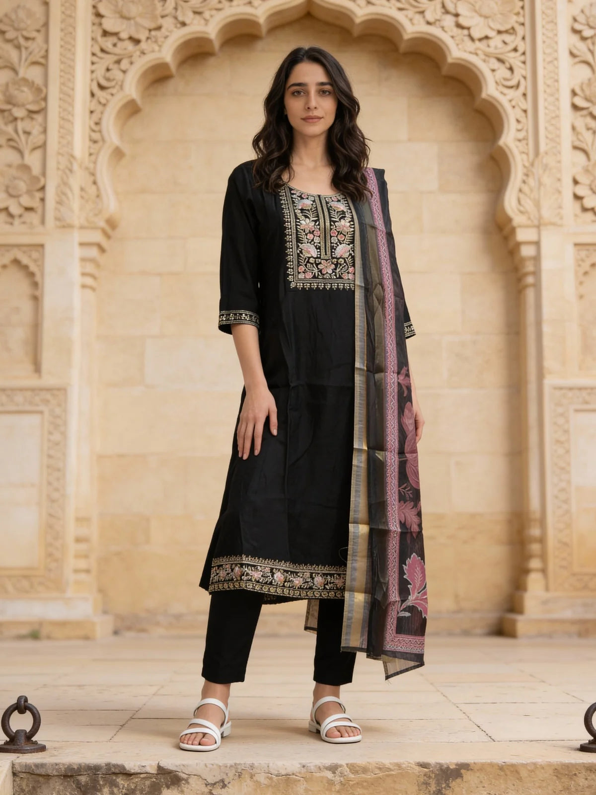 Buy Poly Viscose Embroidered Anarkali Calf Length Kurta and Pant With Dupatta-Black