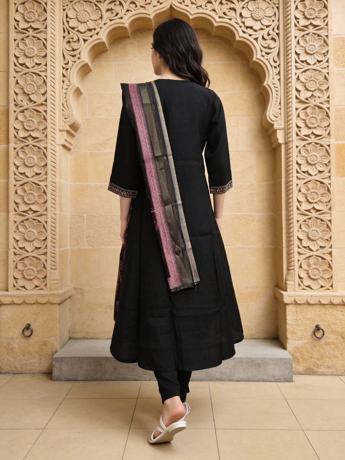 Buy Poly Viscose Embroidered Anarkali Calf Length Kurta and Pant With Dupatta-Black