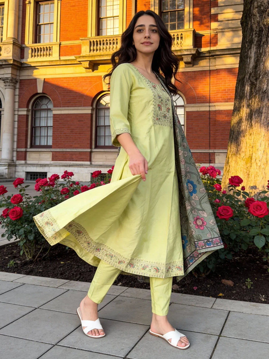 Buy Poly Viscose Embroidered Anarkali Calf Length Kurta with Pant and Dupatta-Pista Green