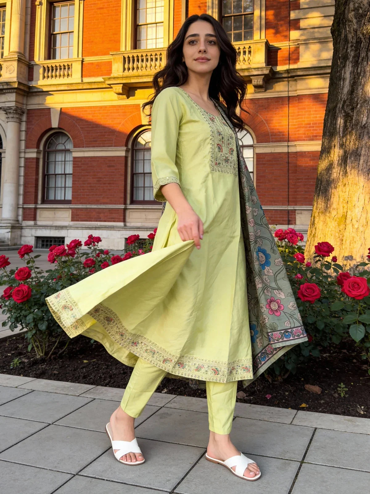 Buy Poly Viscose Embroidered Anarkali Calf Length Kurta with Pant and Dupatta-Pista Green