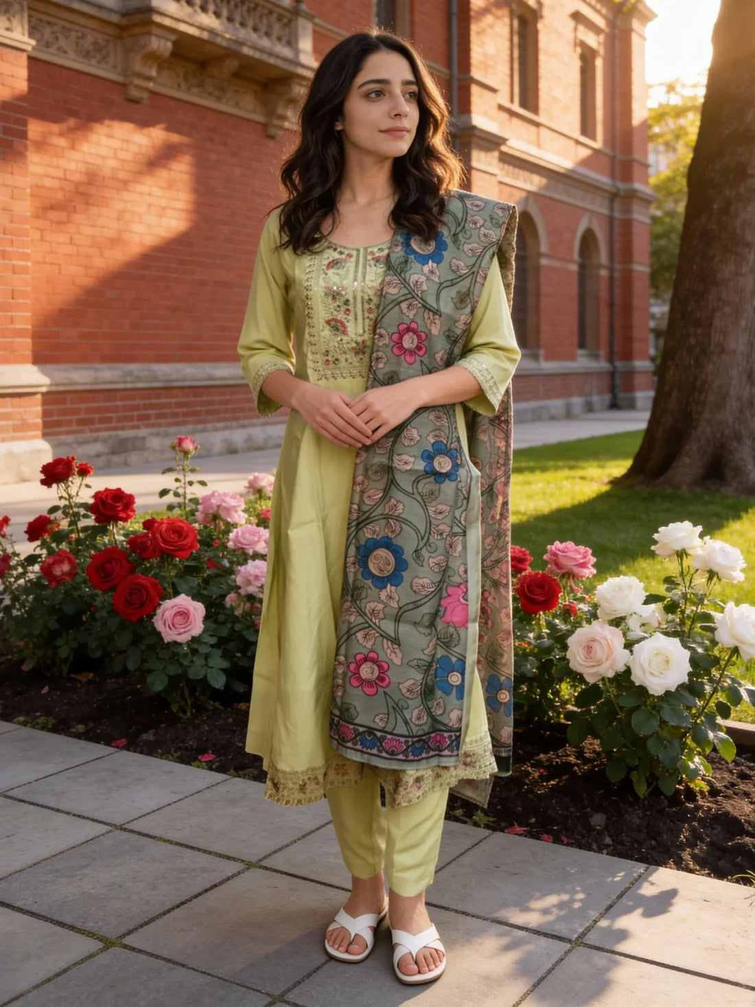 Buy Poly Viscose Embroidered Anarkali Calf Length Kurta with Pant and Dupatta-Pista Green