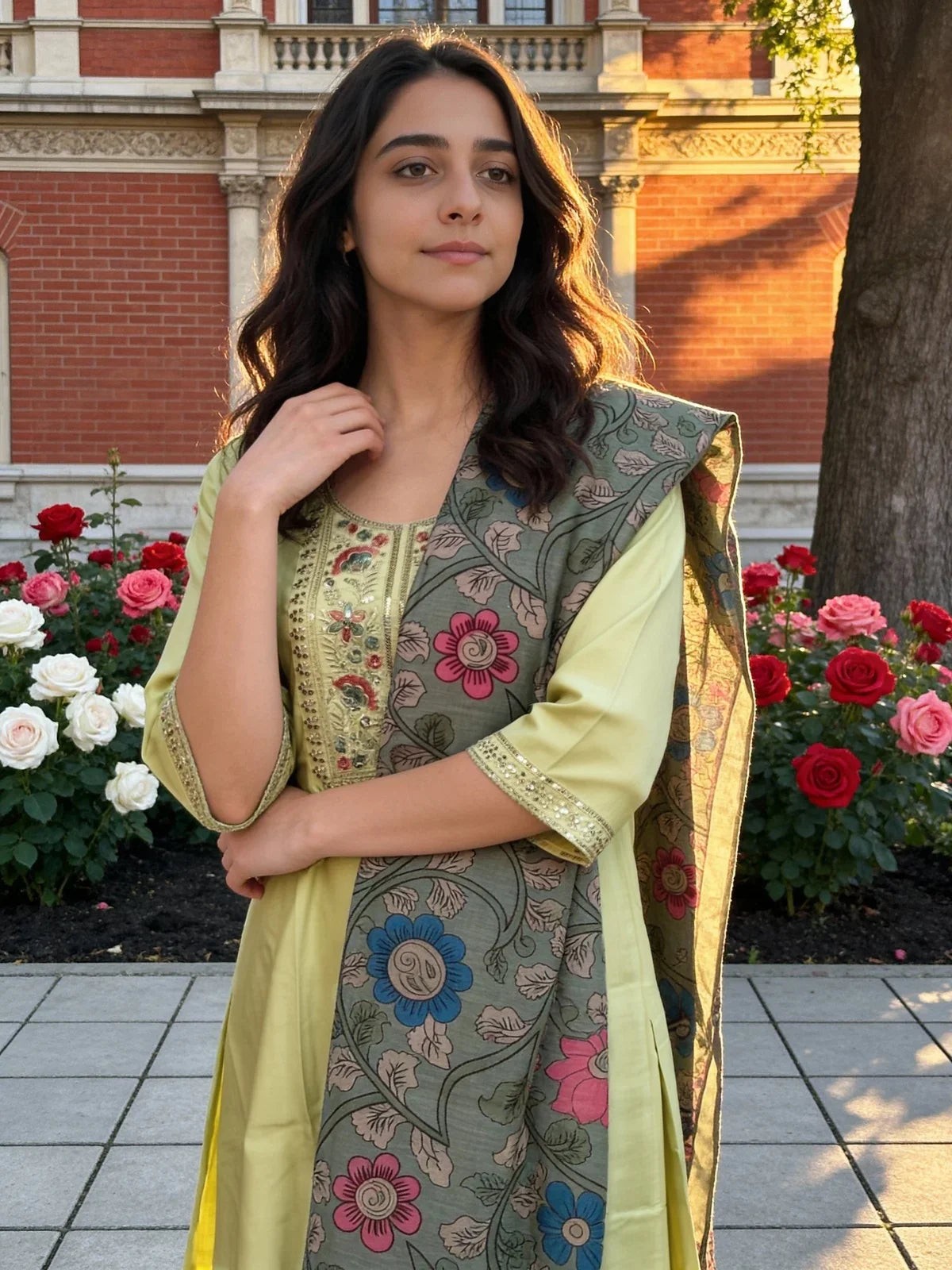 Buy Poly Viscose Embroidered Anarkali Calf Length Kurta with Pant and Dupatta-Pista Green