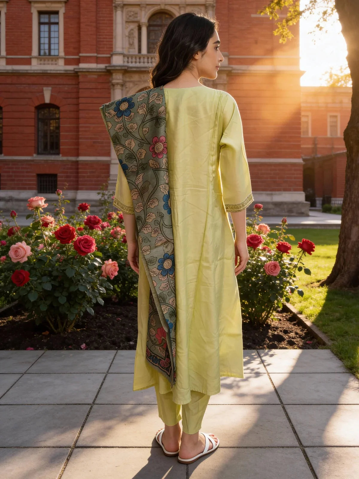 Buy Poly Viscose Embroidered Anarkali Calf Length Kurta with Pant and Dupatta-Pista Green