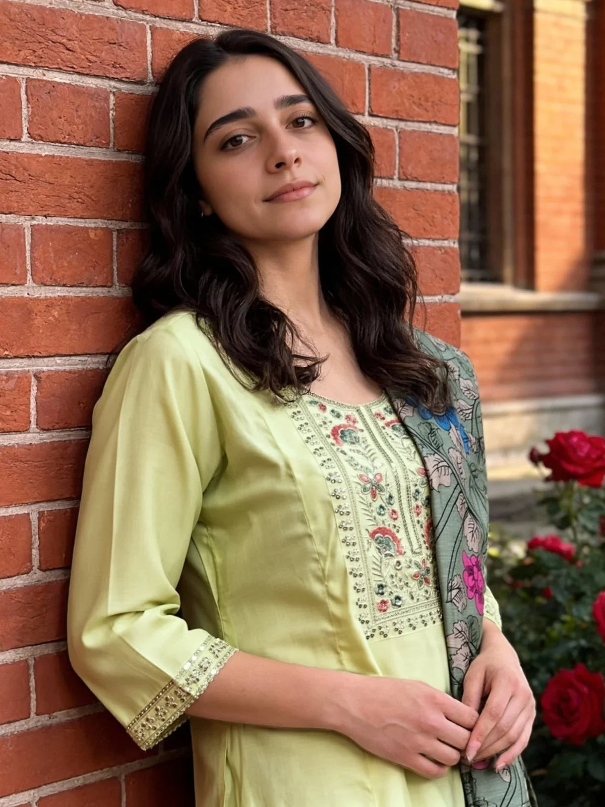 Buy Poly Viscose Embroidered Anarkali Calf Length Kurta with Pant and Dupatta-Pista Green