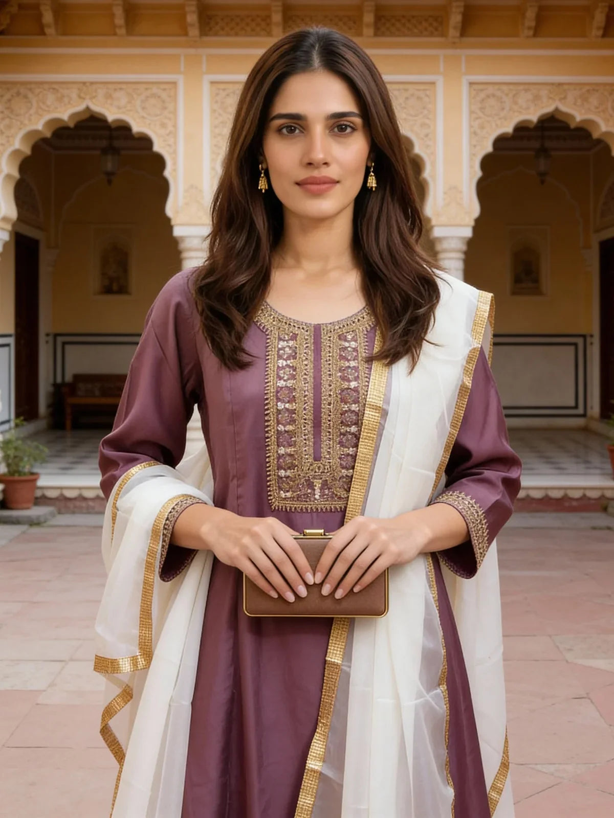 Buy Poly Viscose Embroidered Anarkali Calf Length Kurta with Pant and Dupatta-Mauve