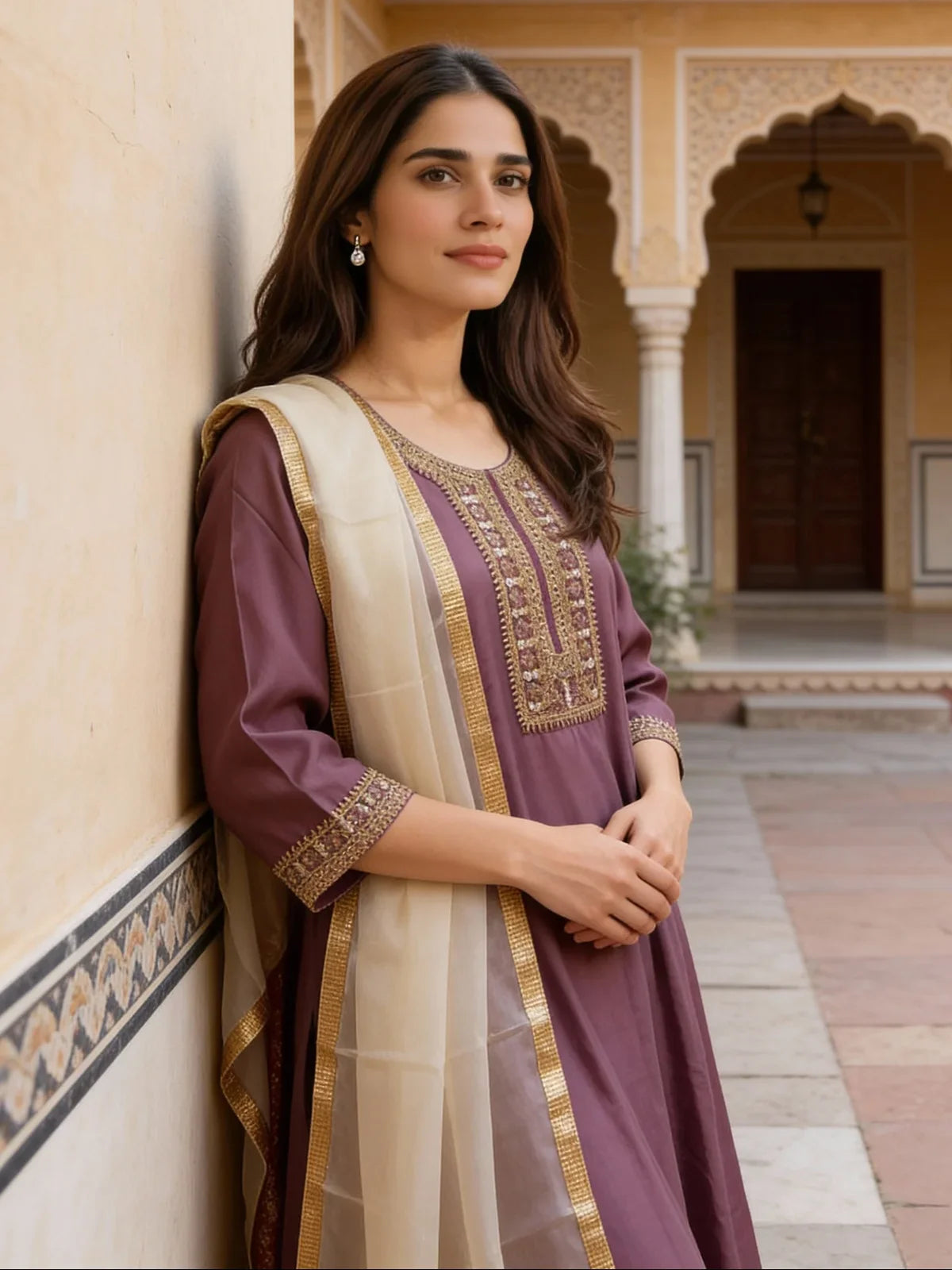 Buy Poly Viscose Embroidered Anarkali Calf Length Kurta with Pant and Dupatta-Mauve