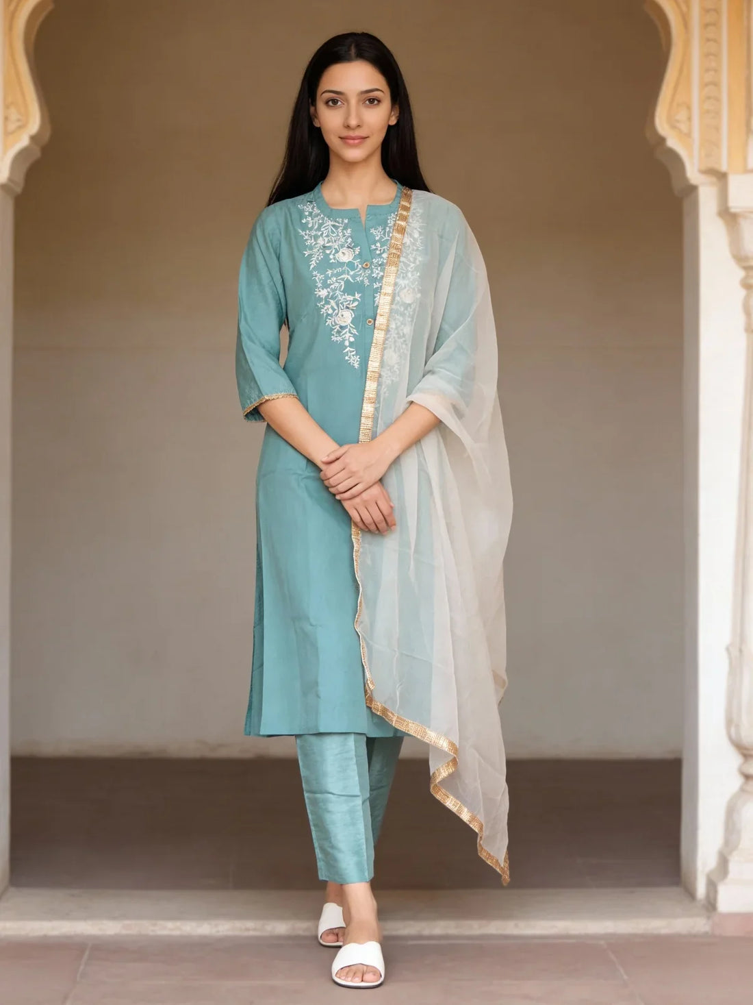 Buy Poly Viscose Embroidered Anarkali Calf Length Kurta with Pant and Dupatta-Teal