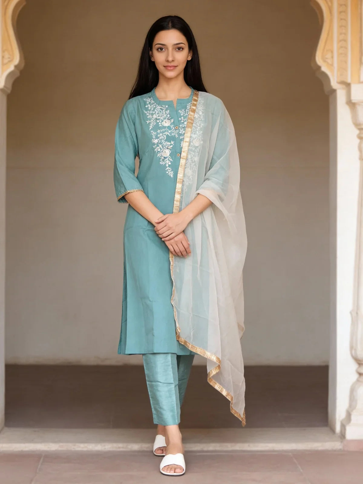 Buy Poly Viscose Embroidered Anarkali Calf Length Kurta with Pant and Dupatta-Teal