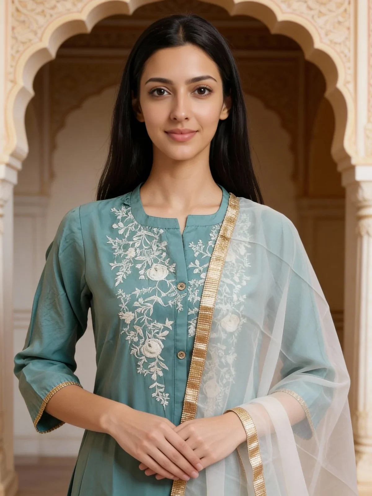 Buy Poly Viscose Embroidered Anarkali Calf Length Kurta with Pant and Dupatta-Teal