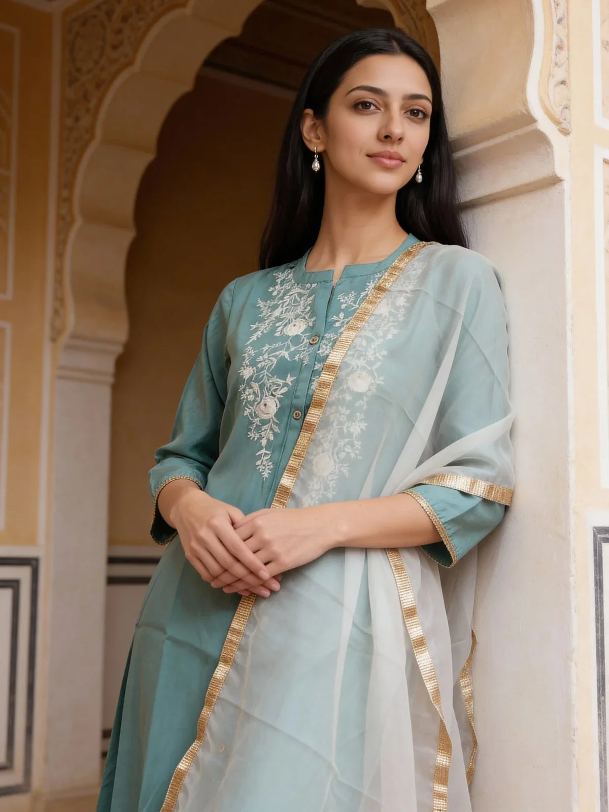 Buy Poly Viscose Embroidered Anarkali Calf Length Kurta with Pant and Dupatta-Teal