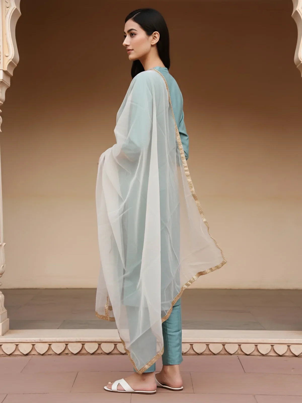 Buy Poly Viscose Embroidered Anarkali Calf Length Kurta with Pant and Dupatta-Teal