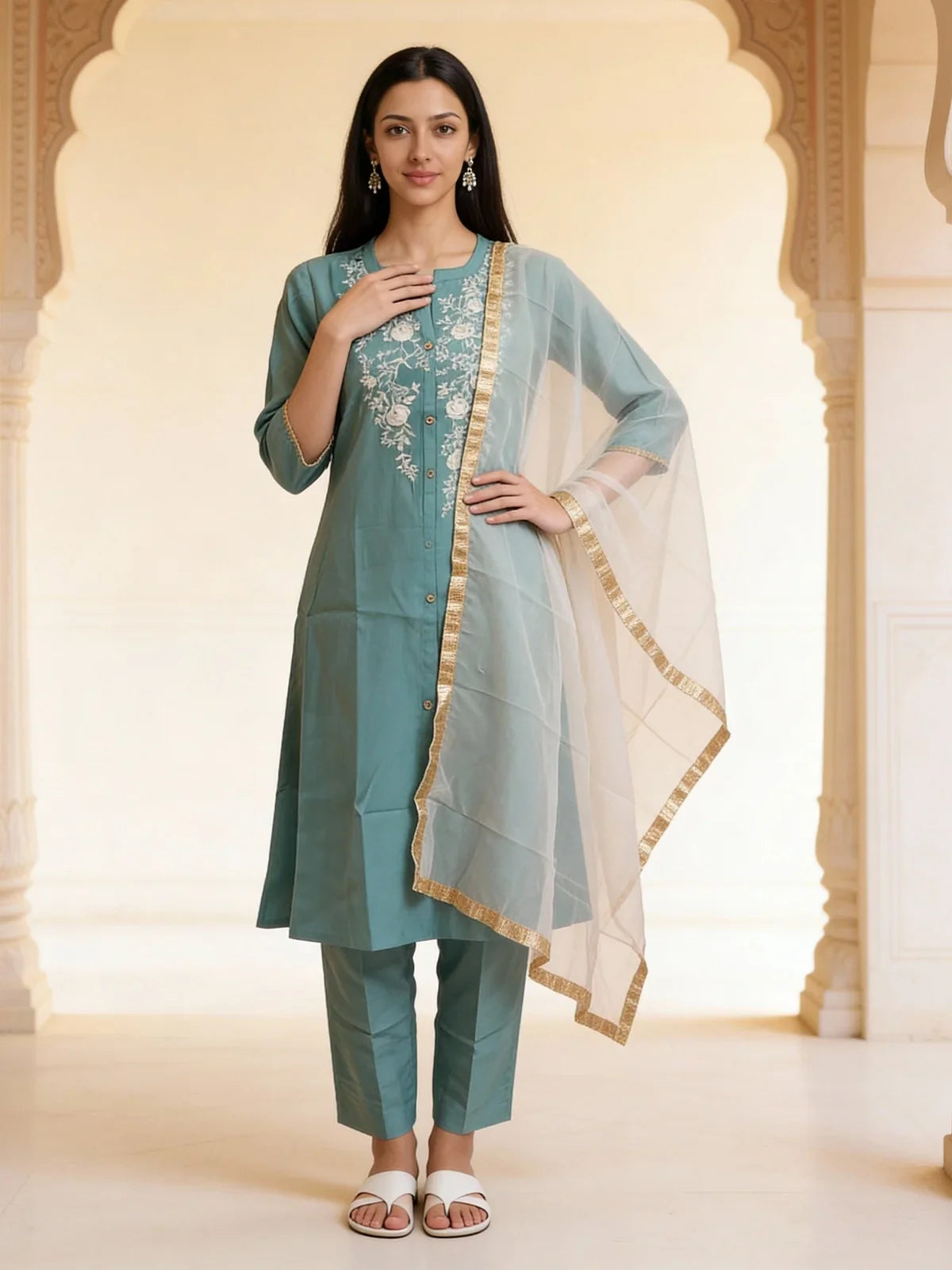Buy Poly Viscose Embroidered Anarkali Calf Length Kurta with Pant and Dupatta-Teal