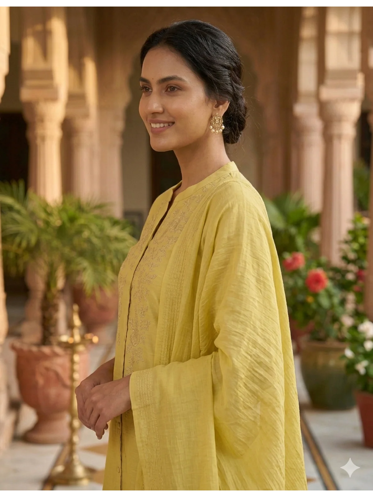Buy Poly Viscose Embroidered  A-Line Calf Length Kurta With Pant and Dupatta-Yellow
