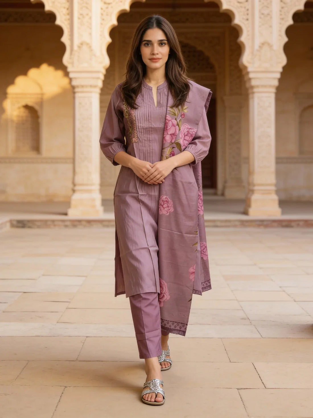 Buy Poly Viscose Embroidered A-Line Calf Length Kurta and Pant with Dupatta-Lavender