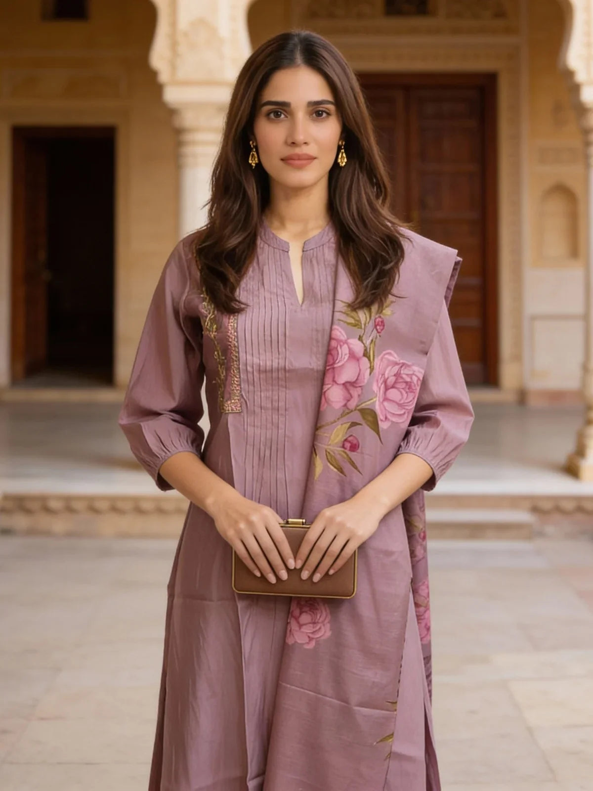 Buy Poly Viscose Embroidered A-Line Calf Length Kurta and Pant with Dupatta-Lavender