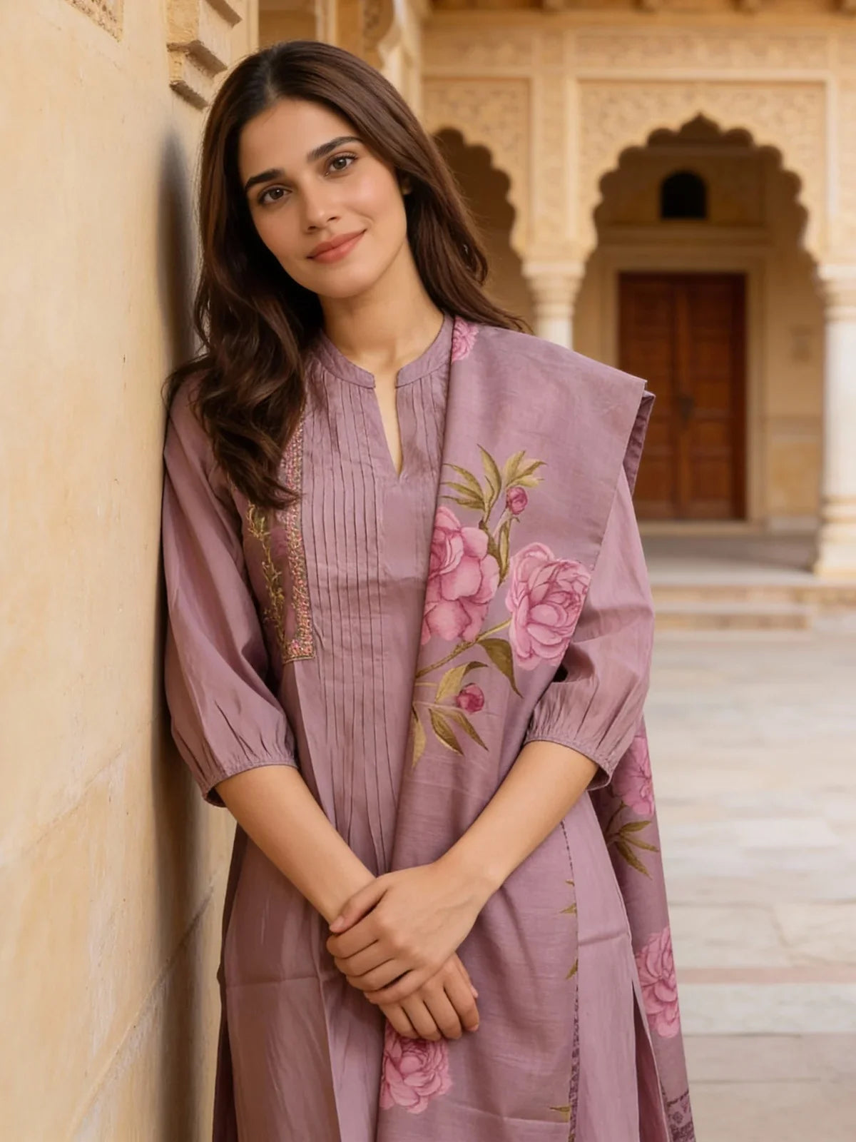 Buy Poly Viscose Embroidered A-Line Calf Length Kurta and Pant with Dupatta-Lavender